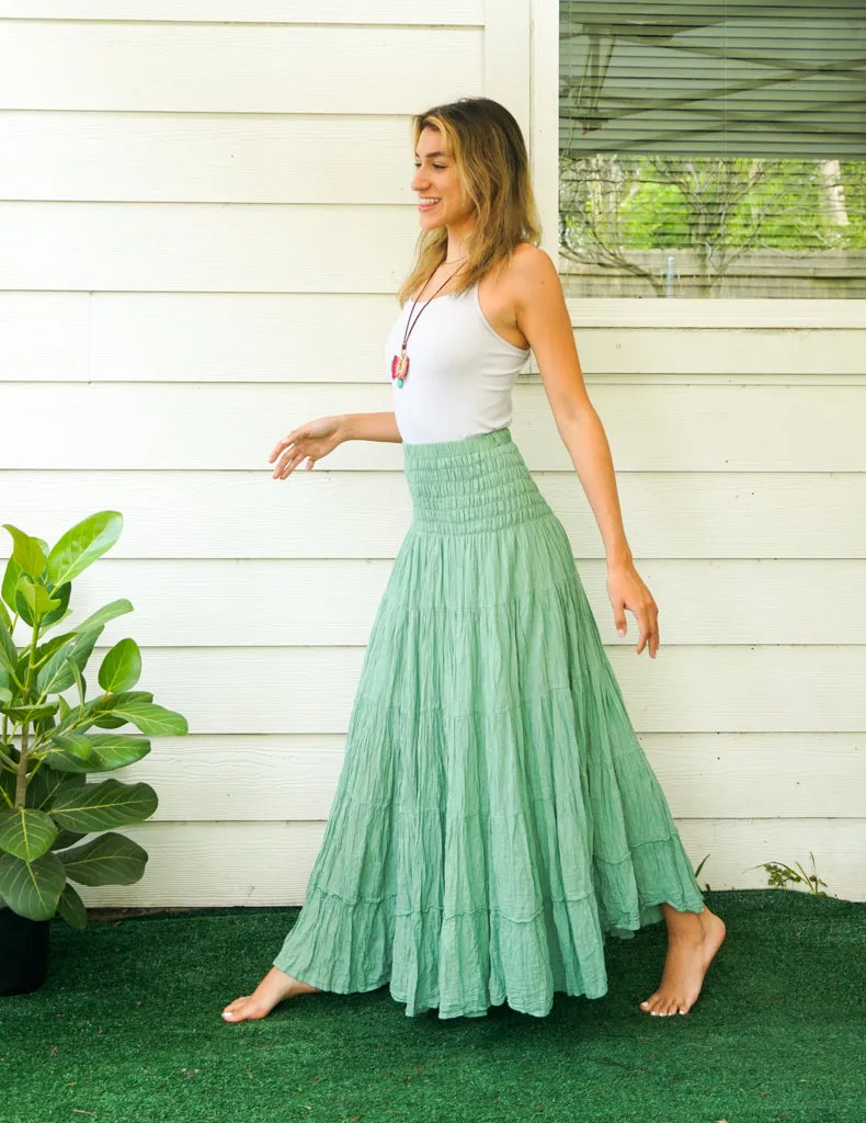 Sage Breeze Raw Crinkled Organic Cotton Gauze Tiered Maxi Skirt