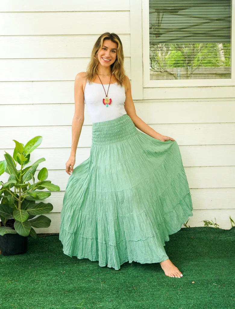 Sage Breeze Raw Crinkled Organic Cotton Gauze Tiered Maxi Skirt