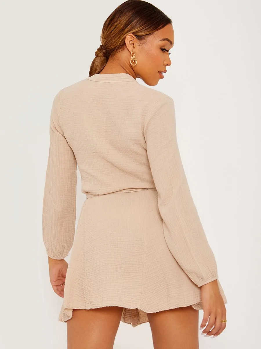 Samantha Self Tie Knot Belted Shirt Dress In Stone