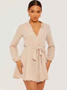 Samantha Self Tie Knot Belted Shirt Dress In Stone