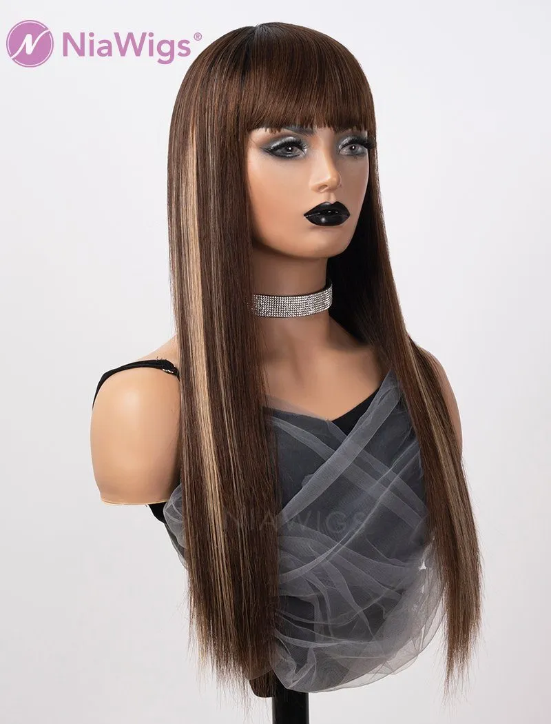 Scalp Top Highlight Wig Piano Color With Bangs Human Hair Wigs Machine Made