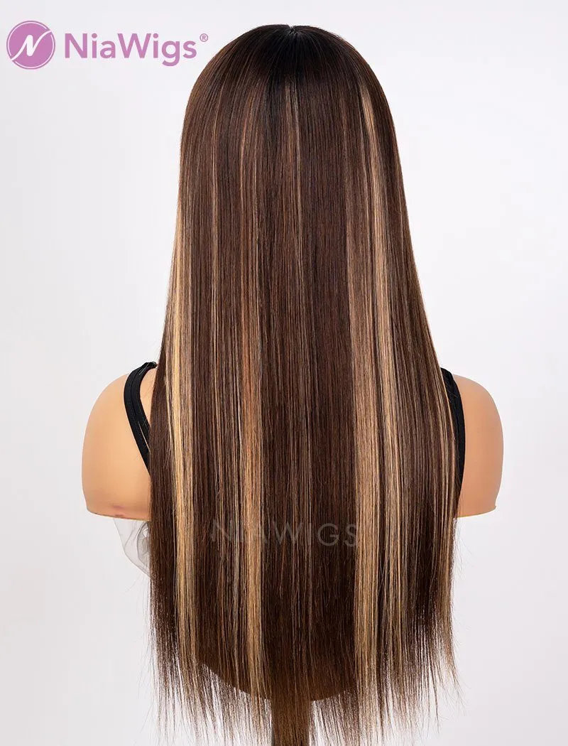 Scalp Top Highlight Wig Piano Color With Bangs Human Hair Wigs Machine Made