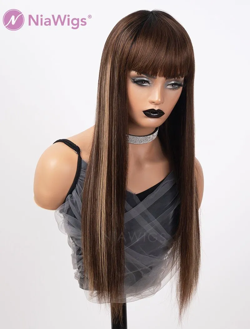 Scalp Top Highlight Wig Piano Color With Bangs Human Hair Wigs Machine Made