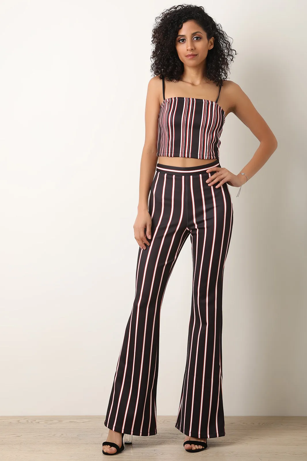 Scuba Knit Striped Crop Top With Flared Pants Set