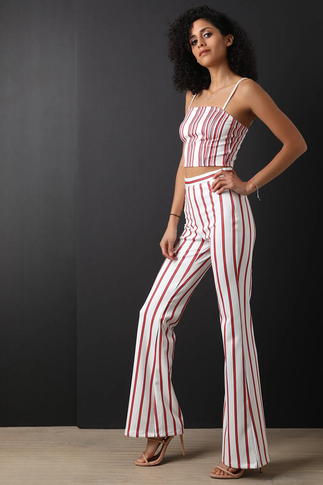 Scuba Knit Striped Crop Top With Flared Pants Set