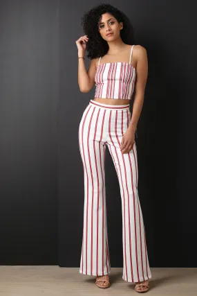 Scuba Knit Striped Crop Top With Flared Pants Set