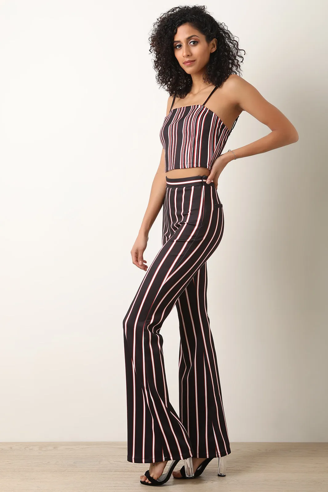 Scuba Knit Striped Crop Top With Flared Pants Set