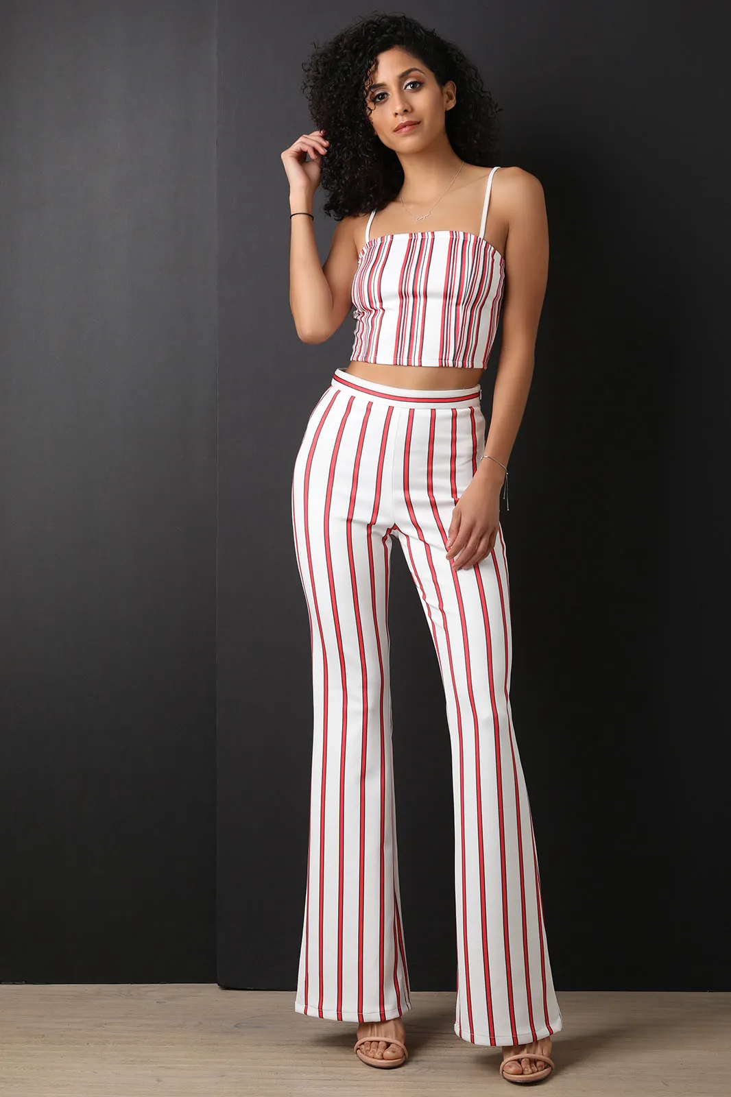 Scuba Knit Striped Crop Top With Flared Pants Set