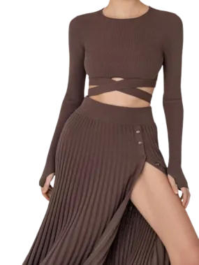 Sexy Round Neck Short-sleeved Knitted Tight Suit Pleated Skirt Female Autumn Slim High Slit Lace-up Pullover Suit Top Vestido
