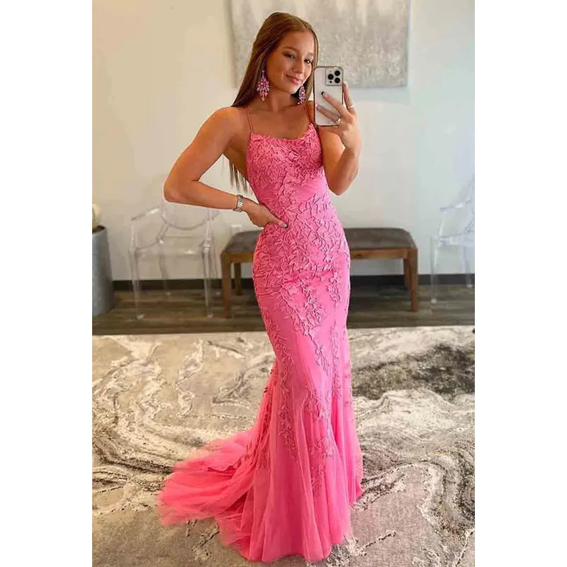 Sheath/Column Straps Tulle Appliques Sleeveless Prom Evening Formal Dress
