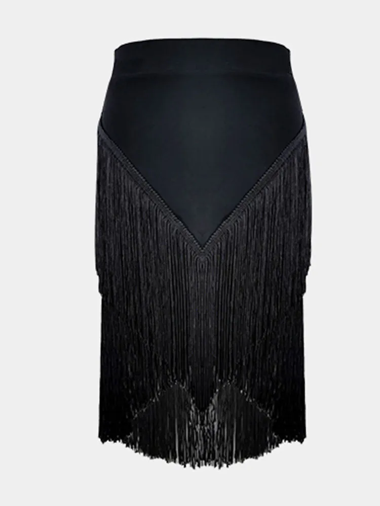 Side Mesh Panel Latin Dance Irregular Layered Fringe Skirt