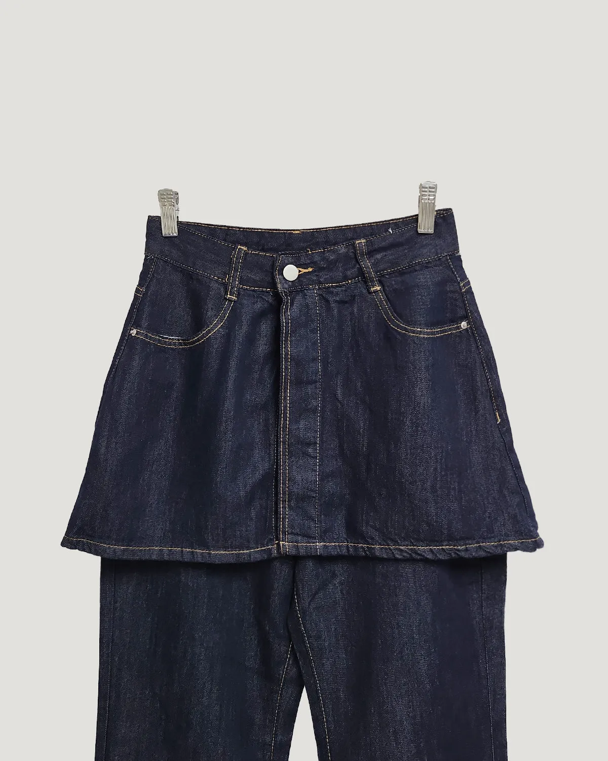 skirt layered like wide denim pants
