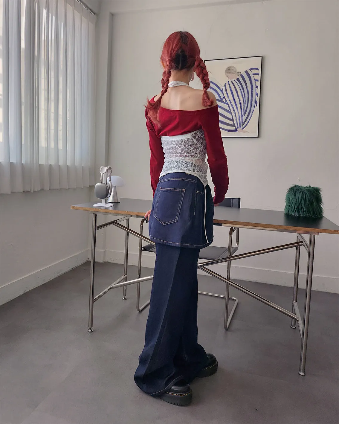 skirt layered like wide denim pants