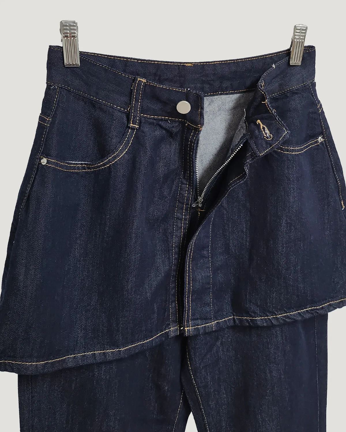 skirt layered like wide denim pants