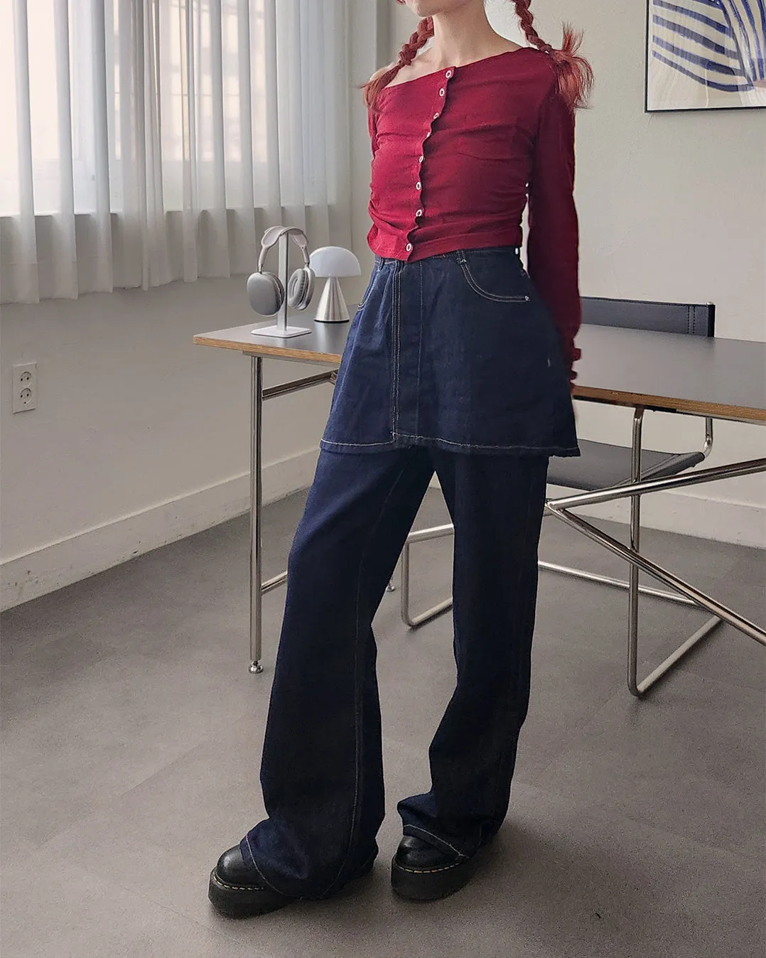 skirt layered like wide denim pants