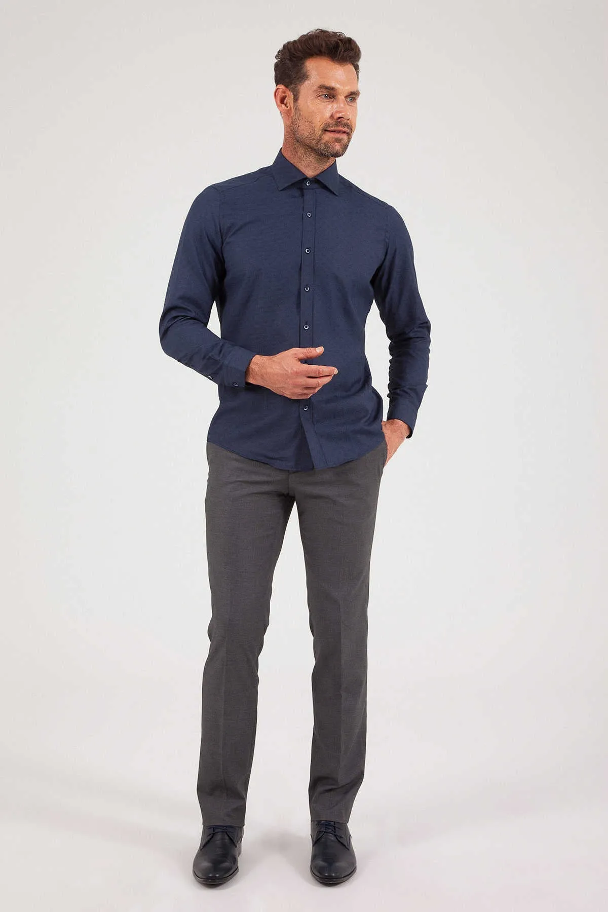 Slim Fit Long Sleeve Printed Cotton Blend Dress Shirt, Navy B2