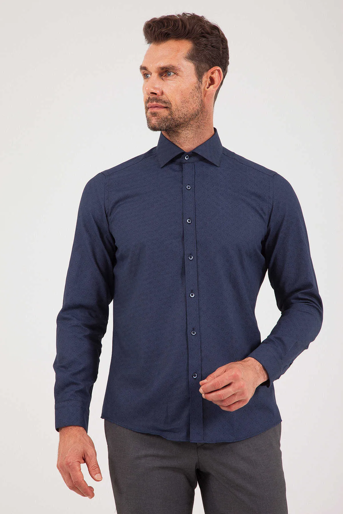 Slim Fit Long Sleeve Printed Cotton Blend Dress Shirt, Navy B2