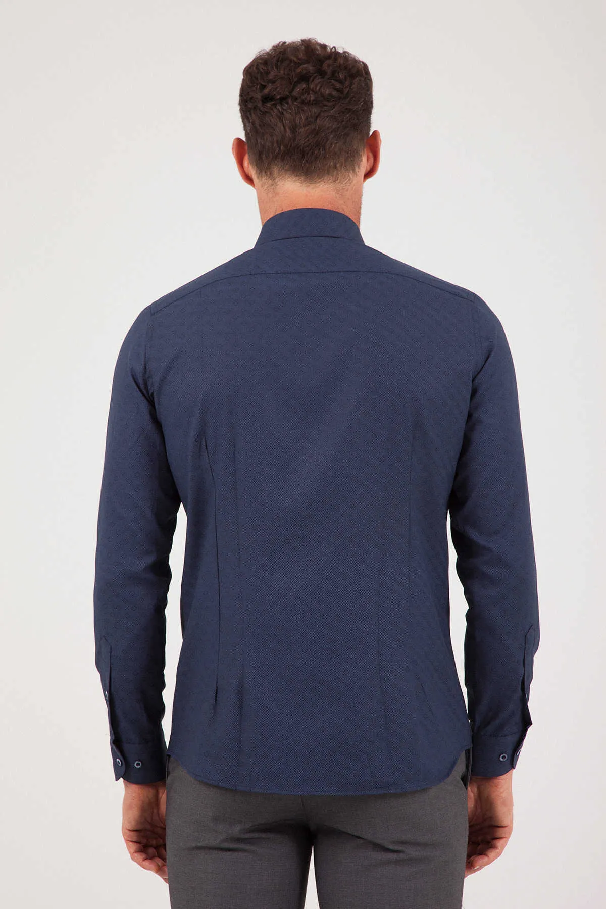 Slim Fit Long Sleeve Printed Cotton Blend Dress Shirt, Navy B2