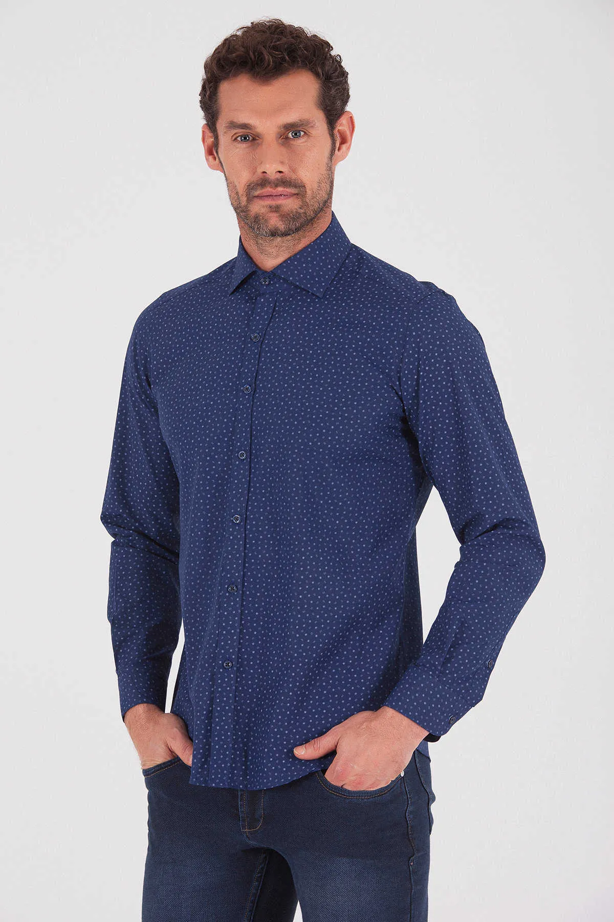 Slim Fit Long Sleeve Printed Cotton Dress Shirt, Navy B.