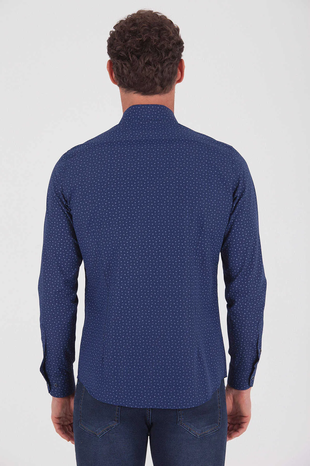Slim Fit Long Sleeve Printed Cotton Dress Shirt, Navy B.