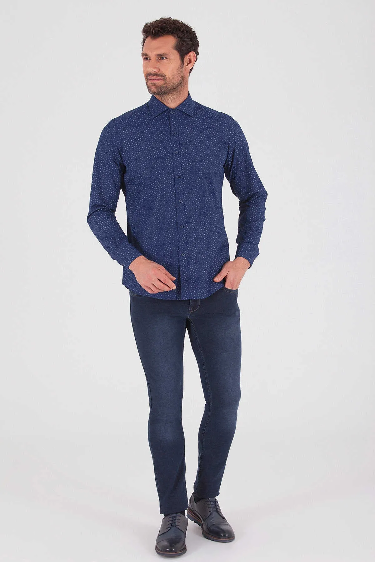 Slim Fit Long Sleeve Printed Cotton Dress Shirt, Navy B.