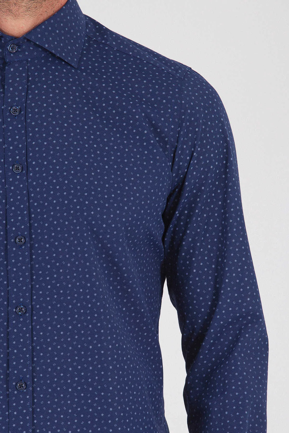Slim Fit Long Sleeve Printed Cotton Dress Shirt, Navy B.