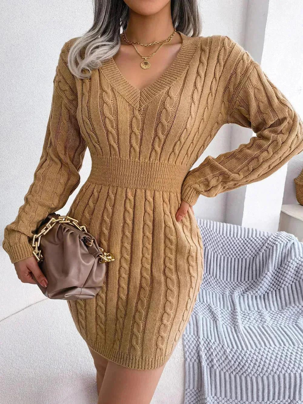 Solid Color V-Neck Long Sleeve Slim fit Winter Knit Mini  sweater Dress Slim