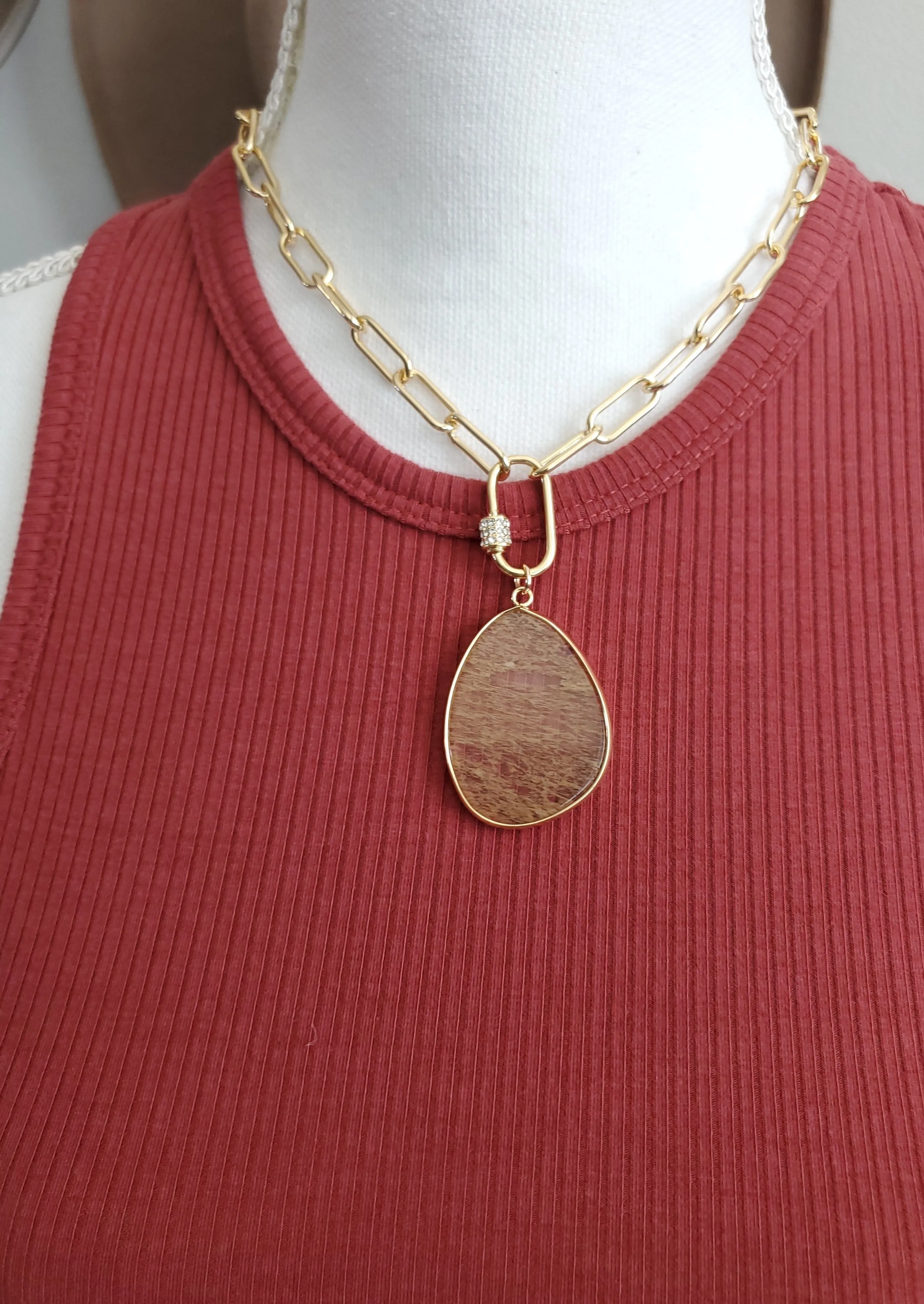 Stone Teardrop Necklace-Light Brown