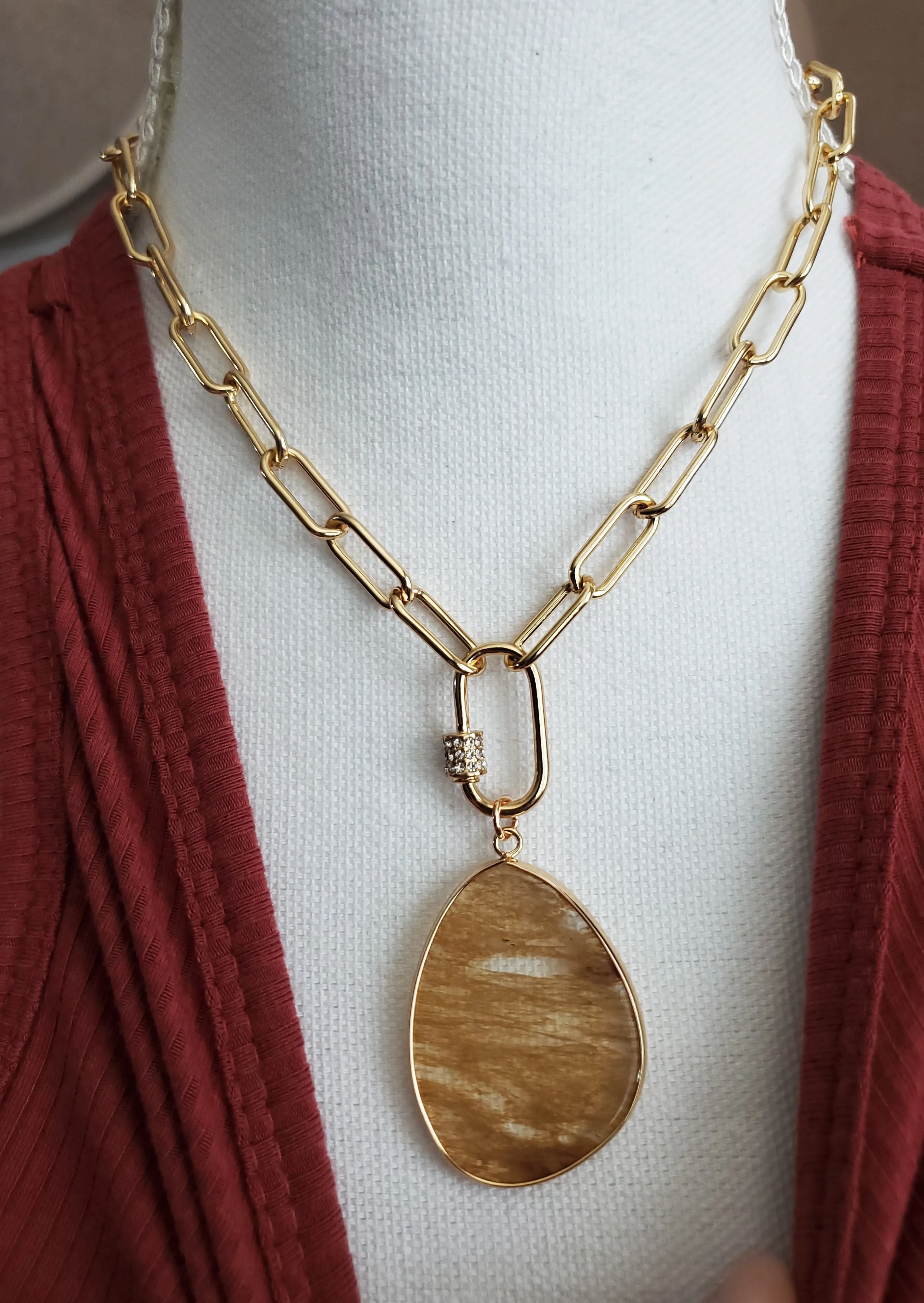 Stone Teardrop Necklace-Light Brown