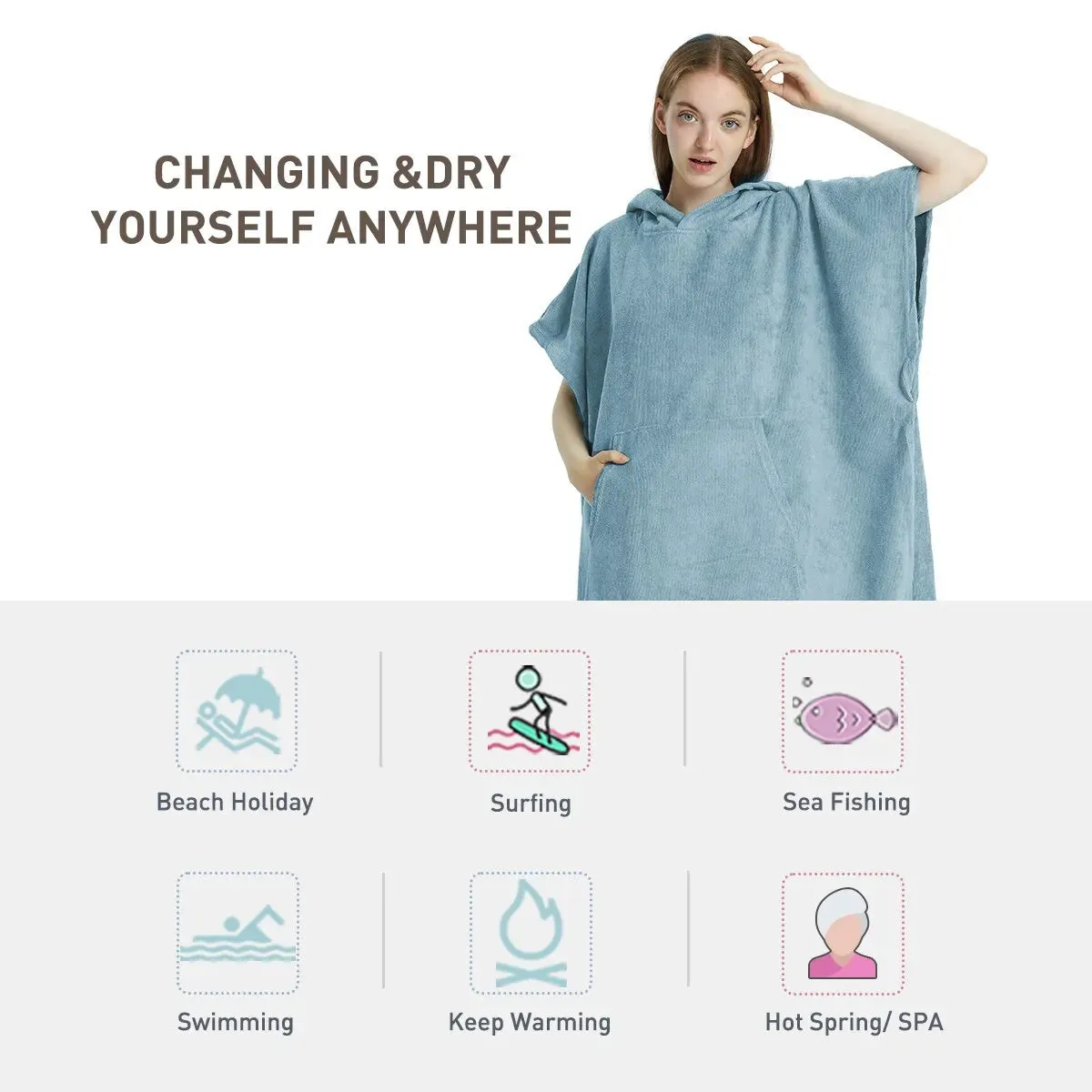 Surf Poncho Quick-Dry Microfiber Beach Robe Hooded Changing Poncho Beach Towel