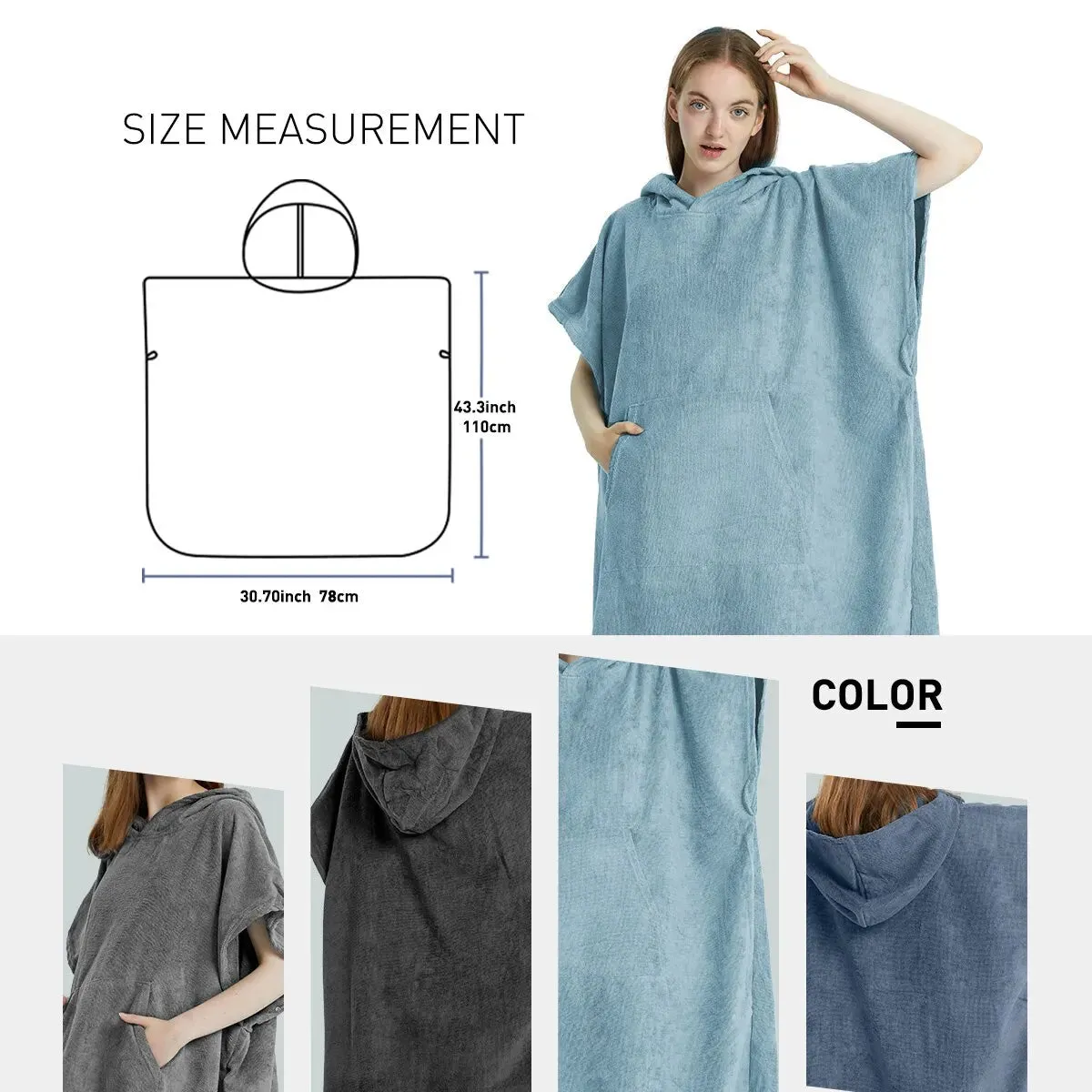 Surf Poncho Quick-Dry Microfiber Beach Robe Hooded Changing Poncho Beach Towel