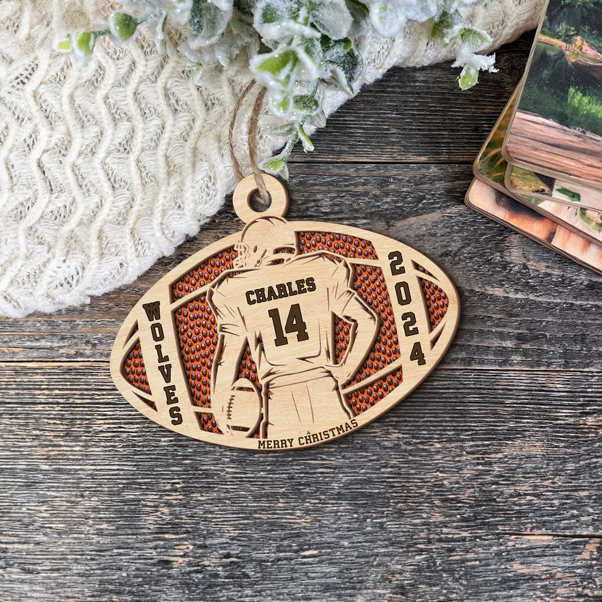 Teesdily | Custom Football Player Merry Christmas Ornament, Football Team Ornament Christmas, Football Ornament Decor Xmas Gift