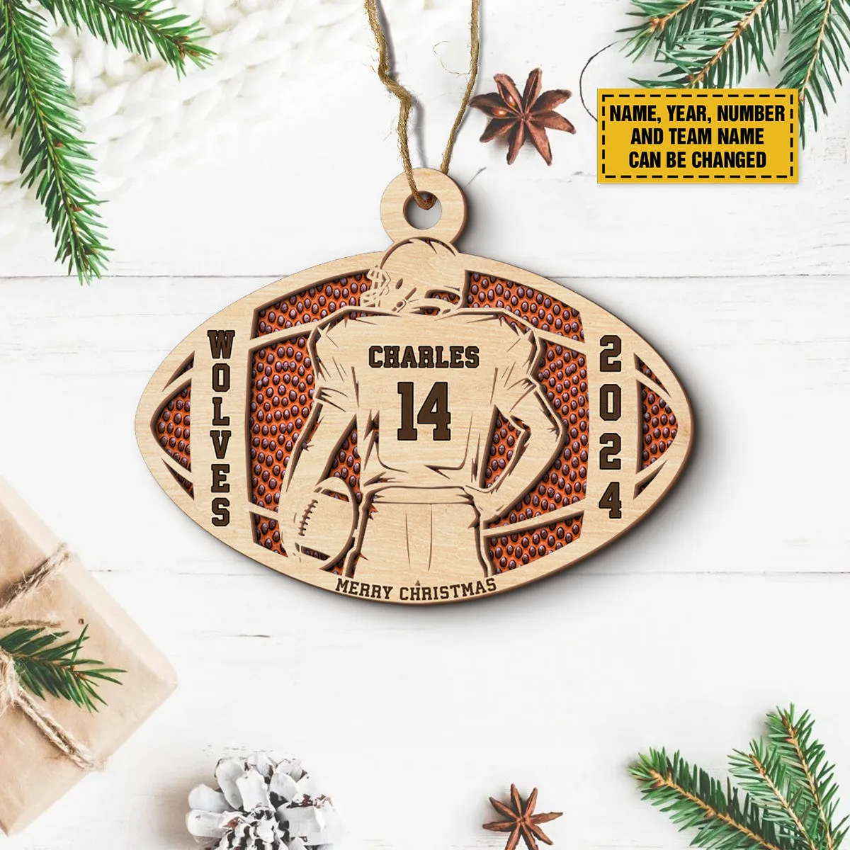 Teesdily | Custom Football Player Merry Christmas Ornament, Football Team Ornament Christmas, Football Ornament Decor Xmas Gift