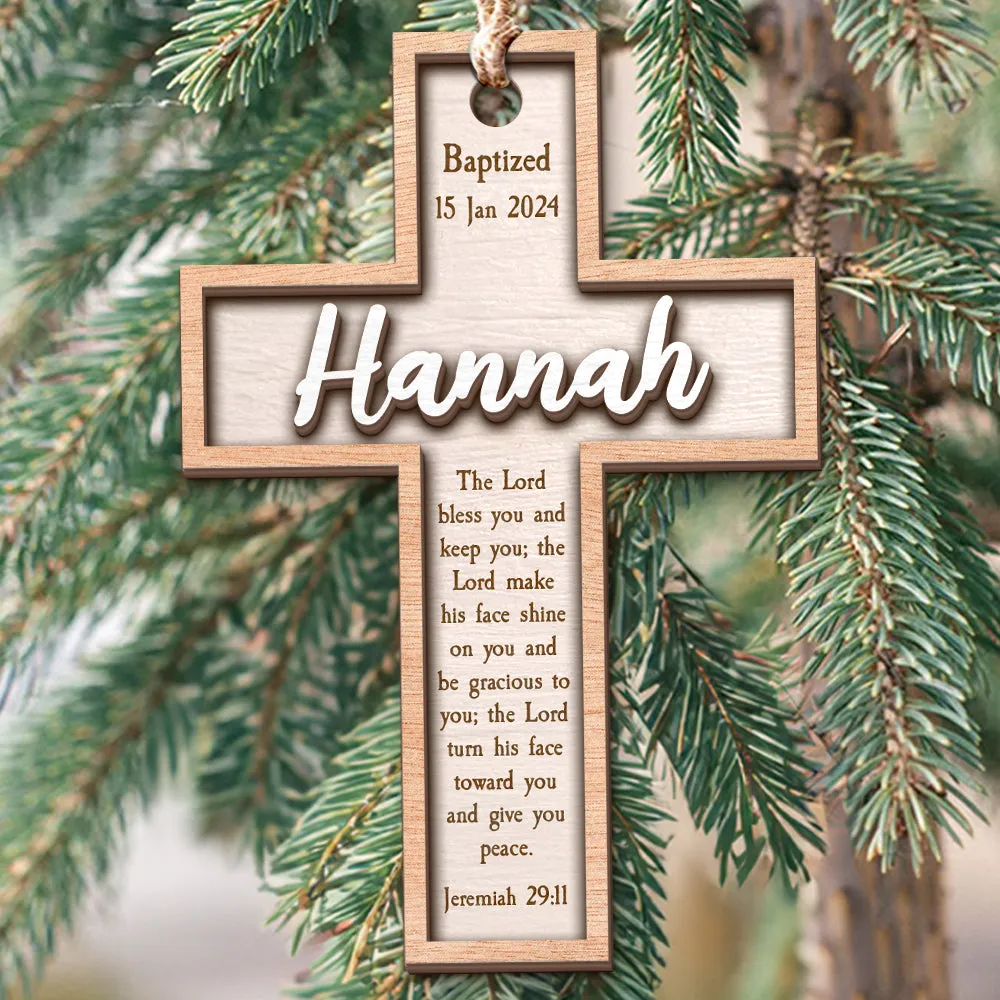 Teesdily | Customized Jesus Baptism Christmas Ornament, The Lord Bless You And Keep You 2 Layered Wood Ornament, Jesus Xmas Gift