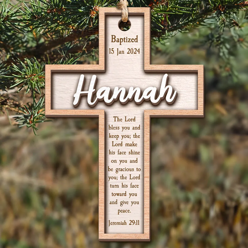 Teesdily | Customized Jesus Baptism Christmas Ornament, The Lord Bless You And Keep You 2 Layered Wood Ornament, Jesus Xmas Gift