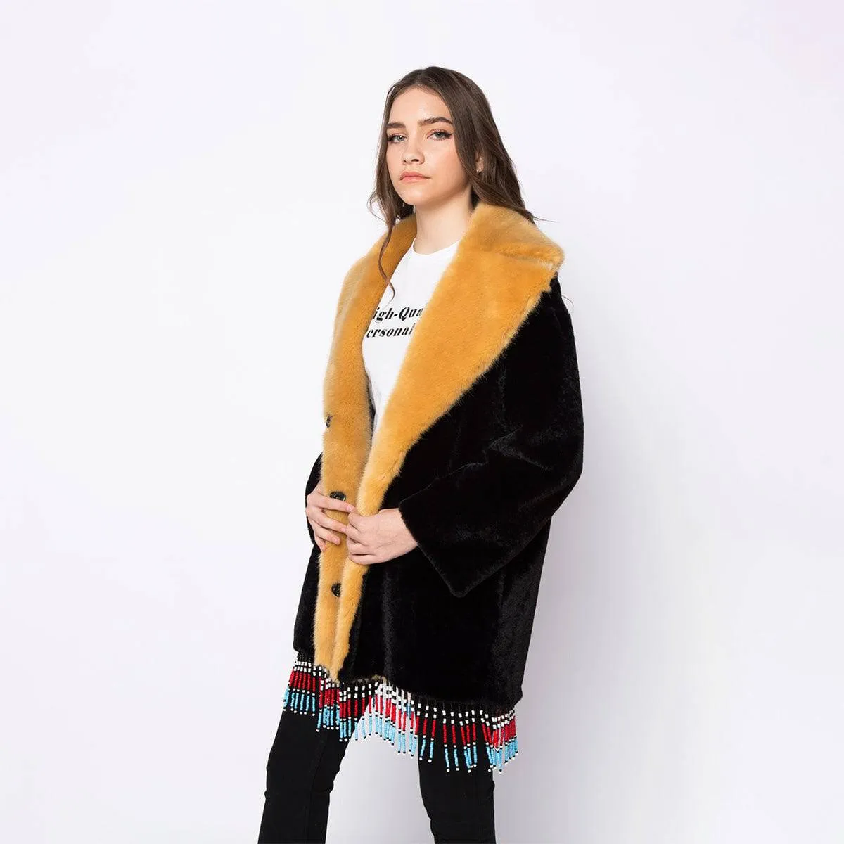 Texas Beaded and Embroidered Black & Yellow Faux Fur Coat
