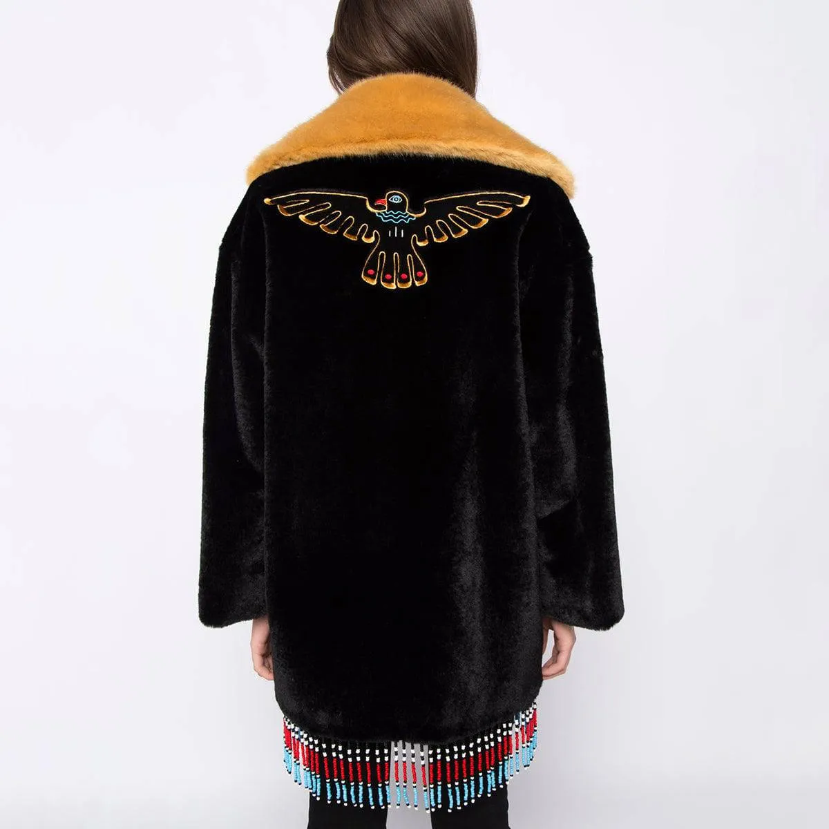 Texas Beaded and Embroidered Black & Yellow Faux Fur Coat