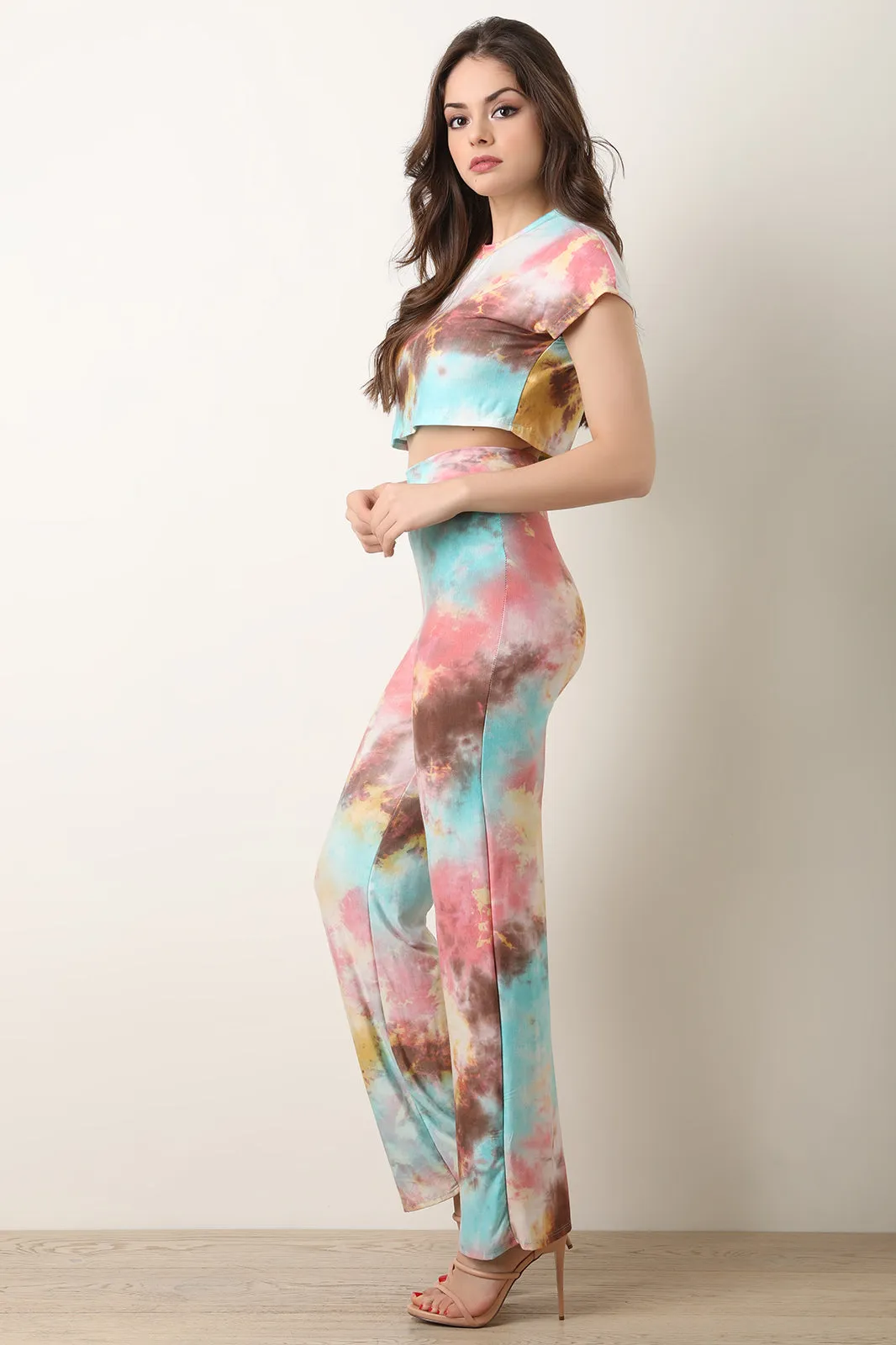 Tie Dye Crop Top With High Waisted Flared Pants Set