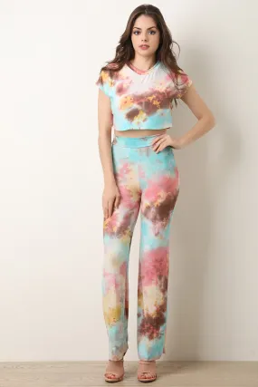 Tie Dye Crop Top With High Waisted Flared Pants Set