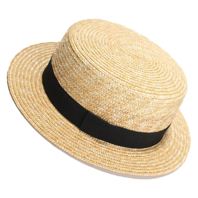 Top Hat Summer Wheat-Straw Hat Flat Top Hat Traveling Sun Hat