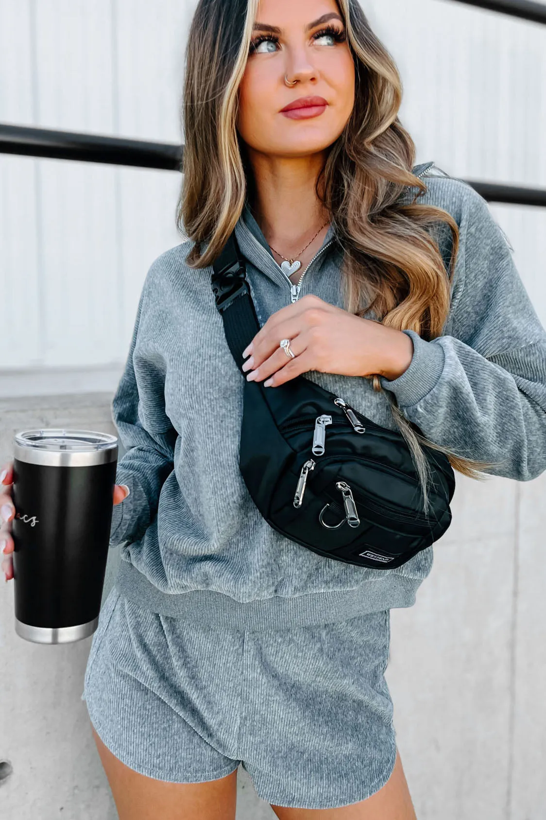 Traveling West Corduroy Two-Piece Shorts Set (Grey)
