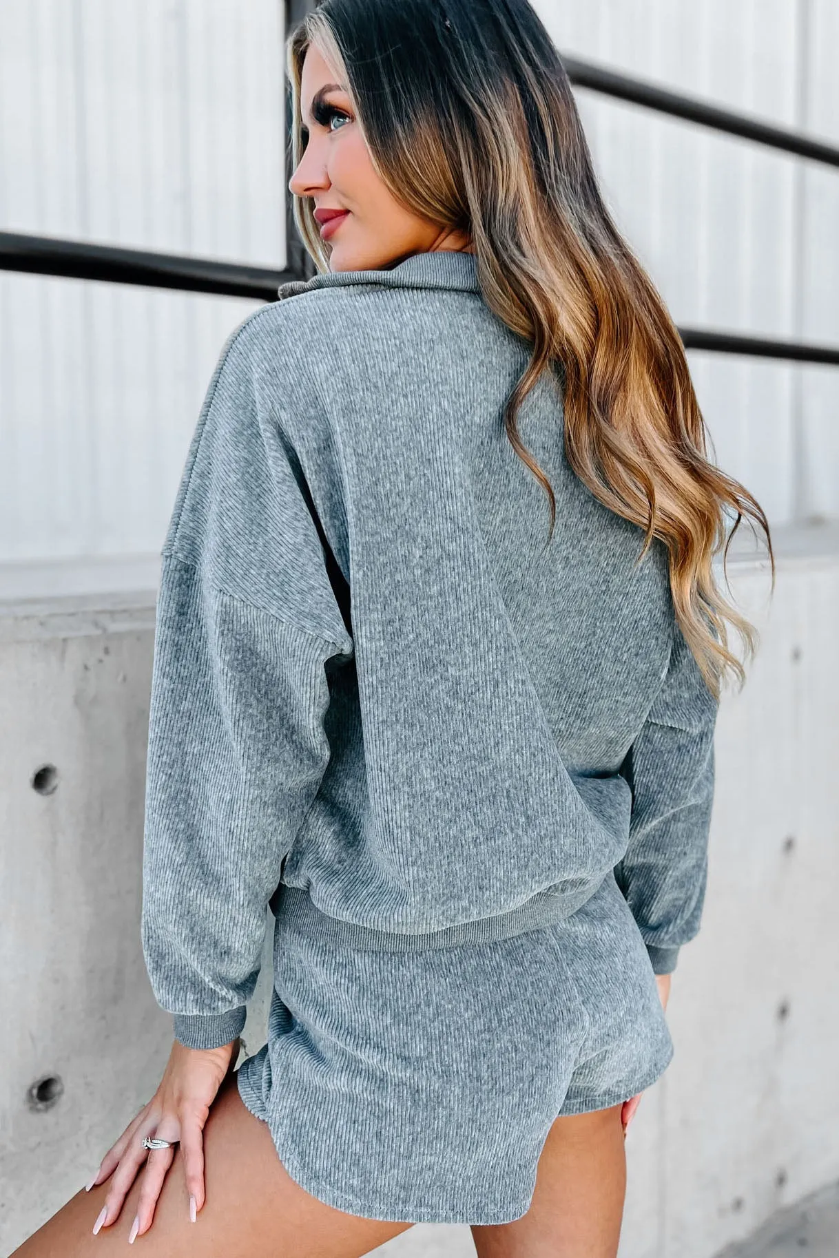 Traveling West Corduroy Two-Piece Shorts Set (Grey)