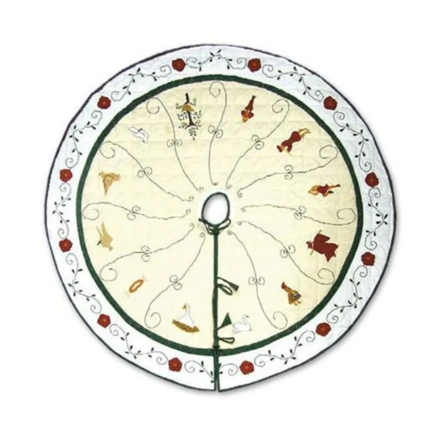 Twelve Days Tree Skirt - Large 54" Dia - Buy Now and Receive a FREE Matching Stocking! Crafted from 100% Cotton for a Cozy Holiday Setting