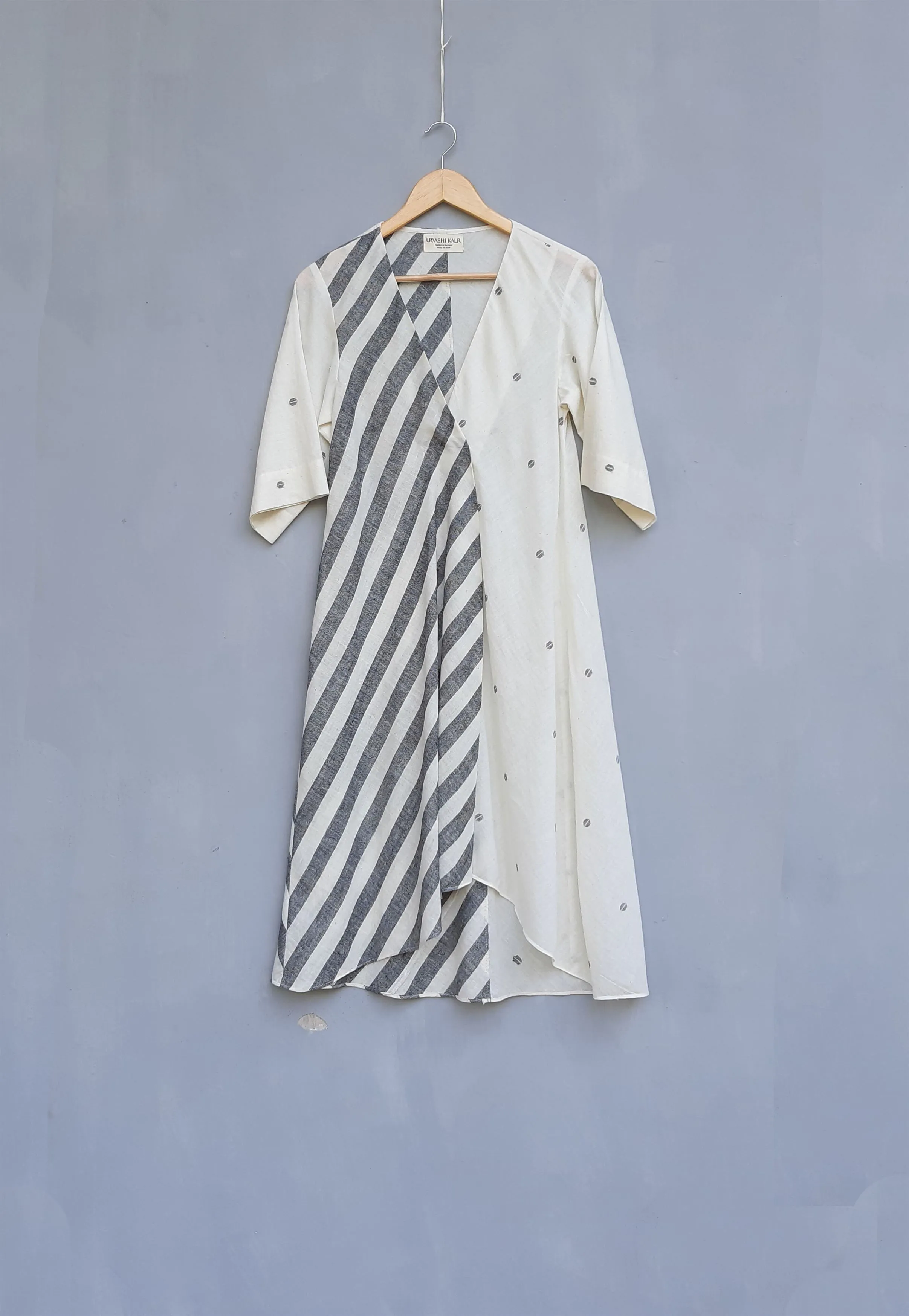 Urvashi Kaur   I   Seoul DRESS ZEPHYR hand spun cotton jamdani Shell And Charcoal TESSELLATE- 100
