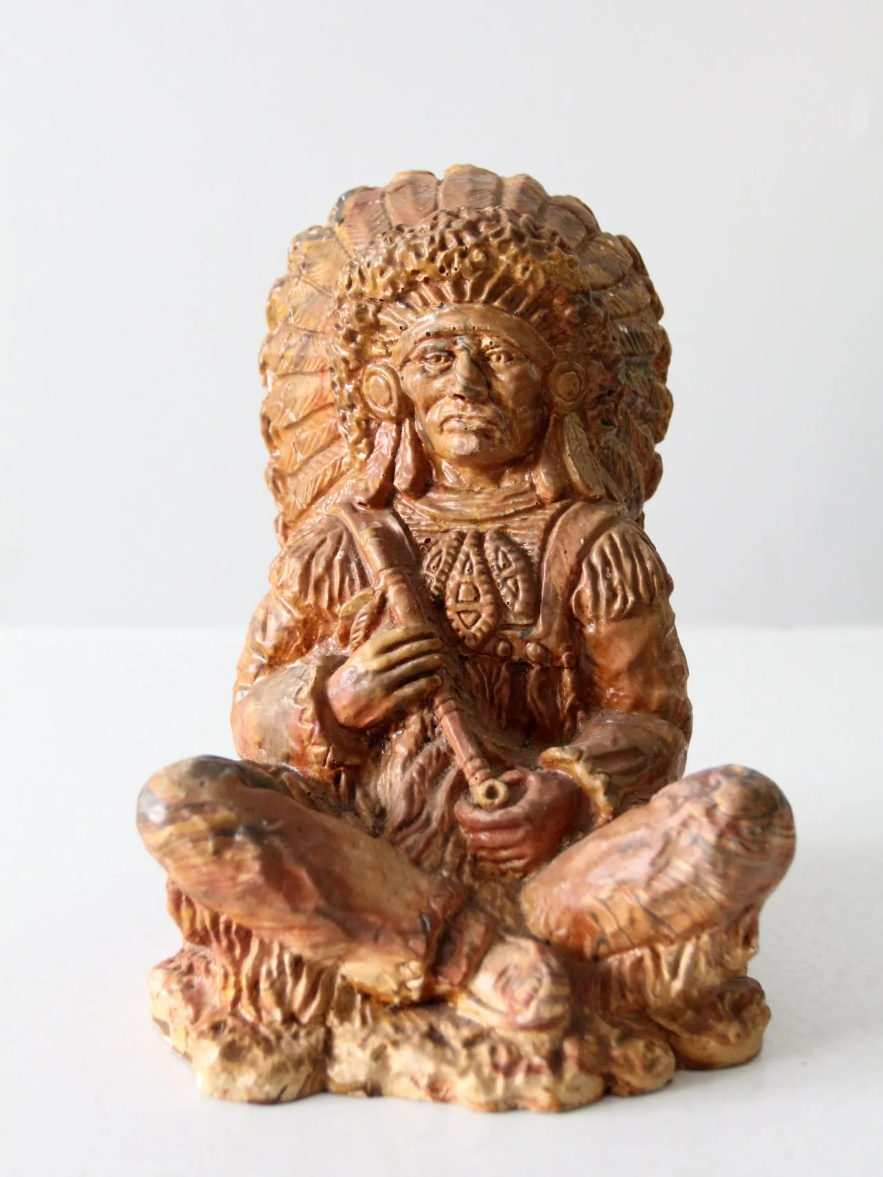 vintage swirl pottery Native American chief statue