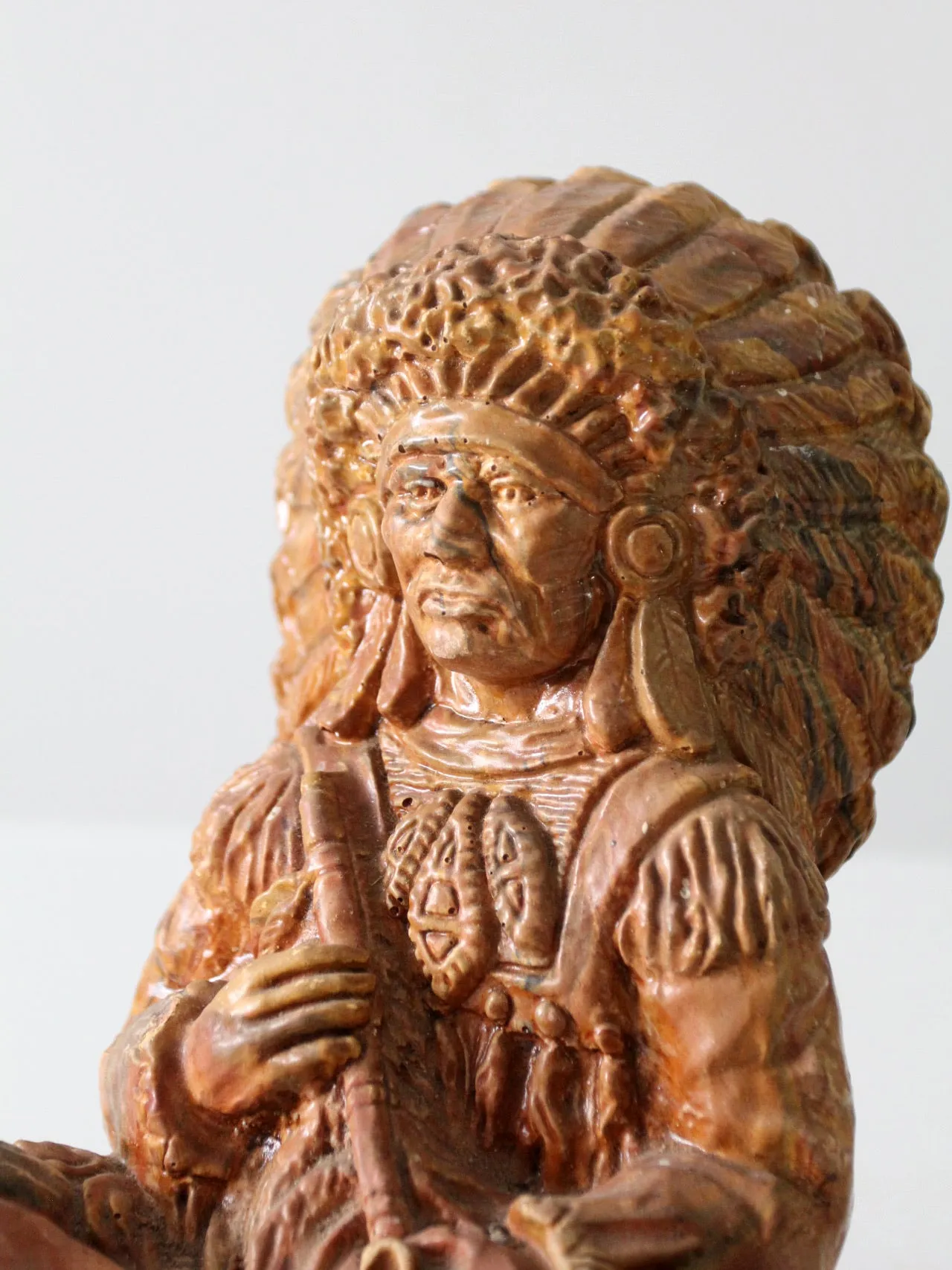 vintage swirl pottery Native American chief statue