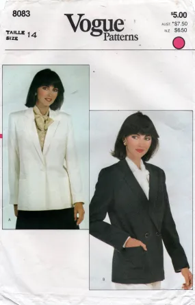 Vogue 8083 Womens Classic Tailored Single or Double Breasted Jacket 1980s Vintage Sewing Pattern Size 14 Bust 36 inches