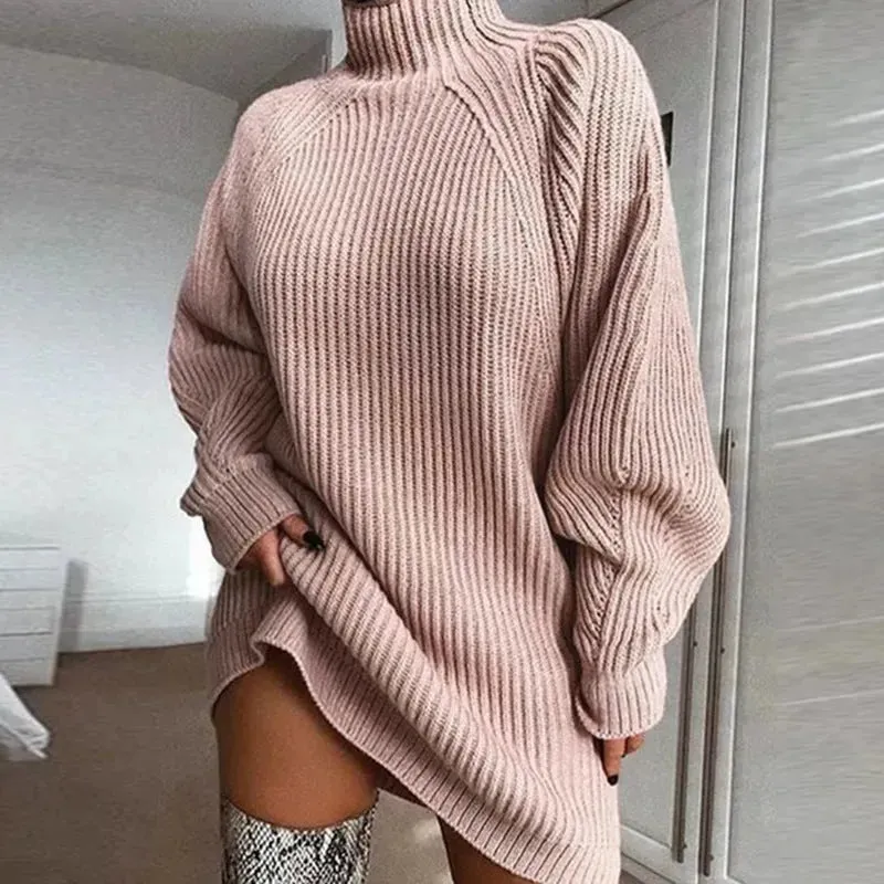 Winter Solid Mini Jumper Dress Turtleneck Sweater Dress