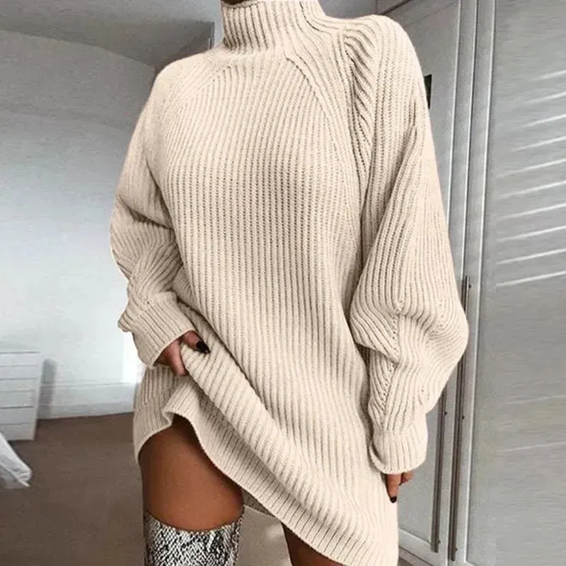 Winter Solid Mini Jumper Dress Turtleneck Sweater Dress