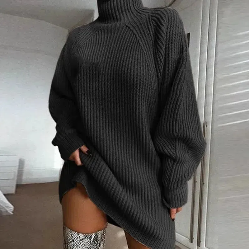 Winter Solid Mini Jumper Dress Turtleneck Sweater Dress